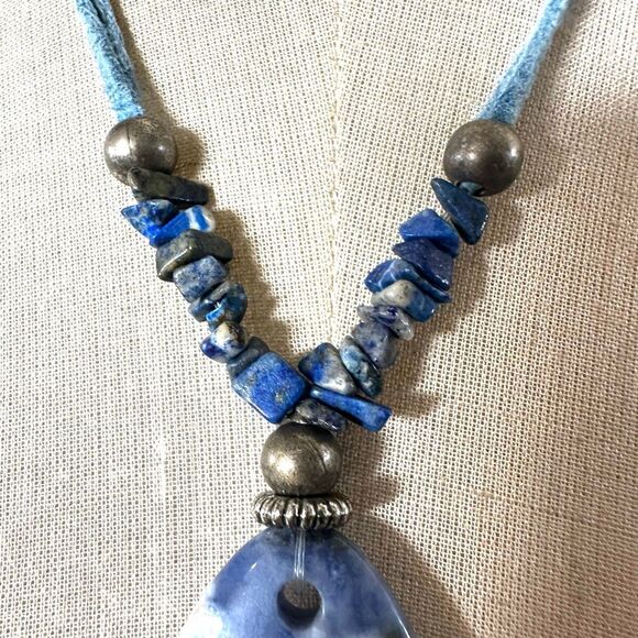 Artisan Blue Sodalite Pendant Necklace on Suede Cord - Picture 5 of 9
